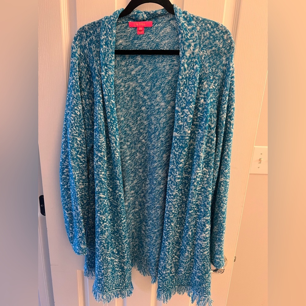 Lilly Pulitzer Fringe Cardigan teal and white heathered XXL
